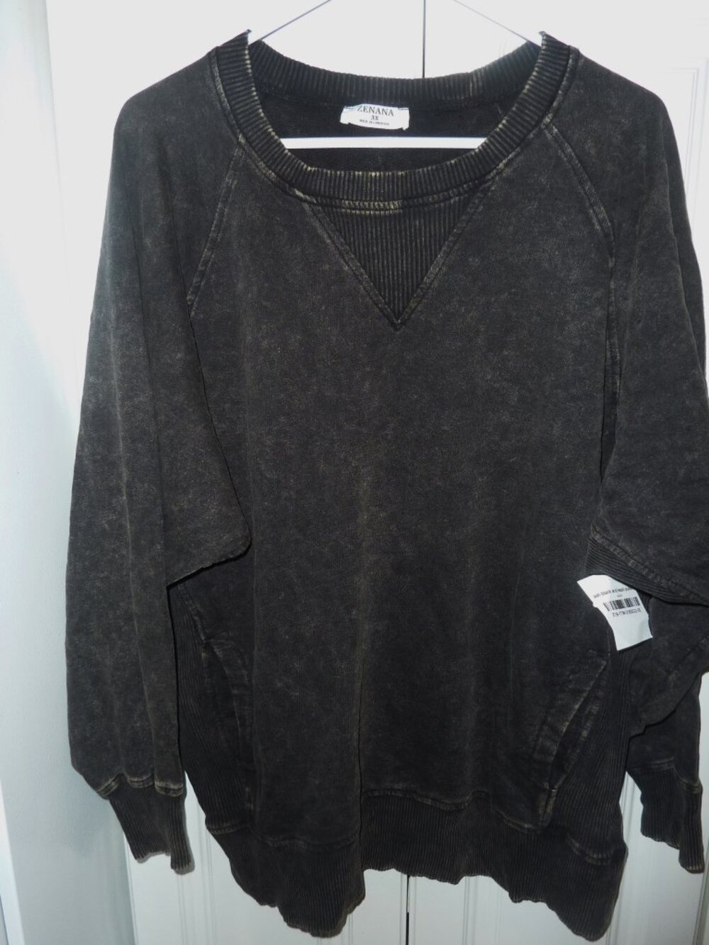 NWT Zenana Ash Black Acid Mineral Wash Sweatshirt With Pockets Size 3X